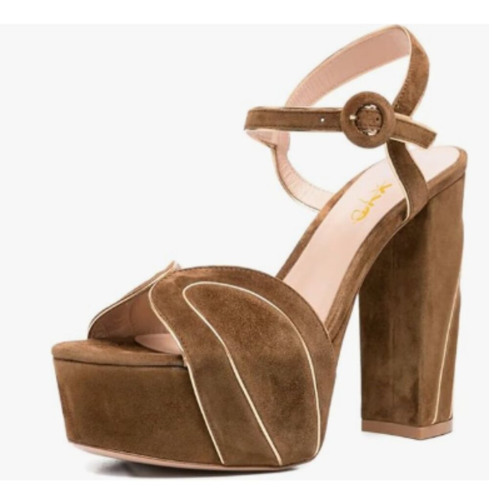 XYD Coffee Retro Chunky Heel Thick Platform Open Toe Buckle Ankle Strap Sandals